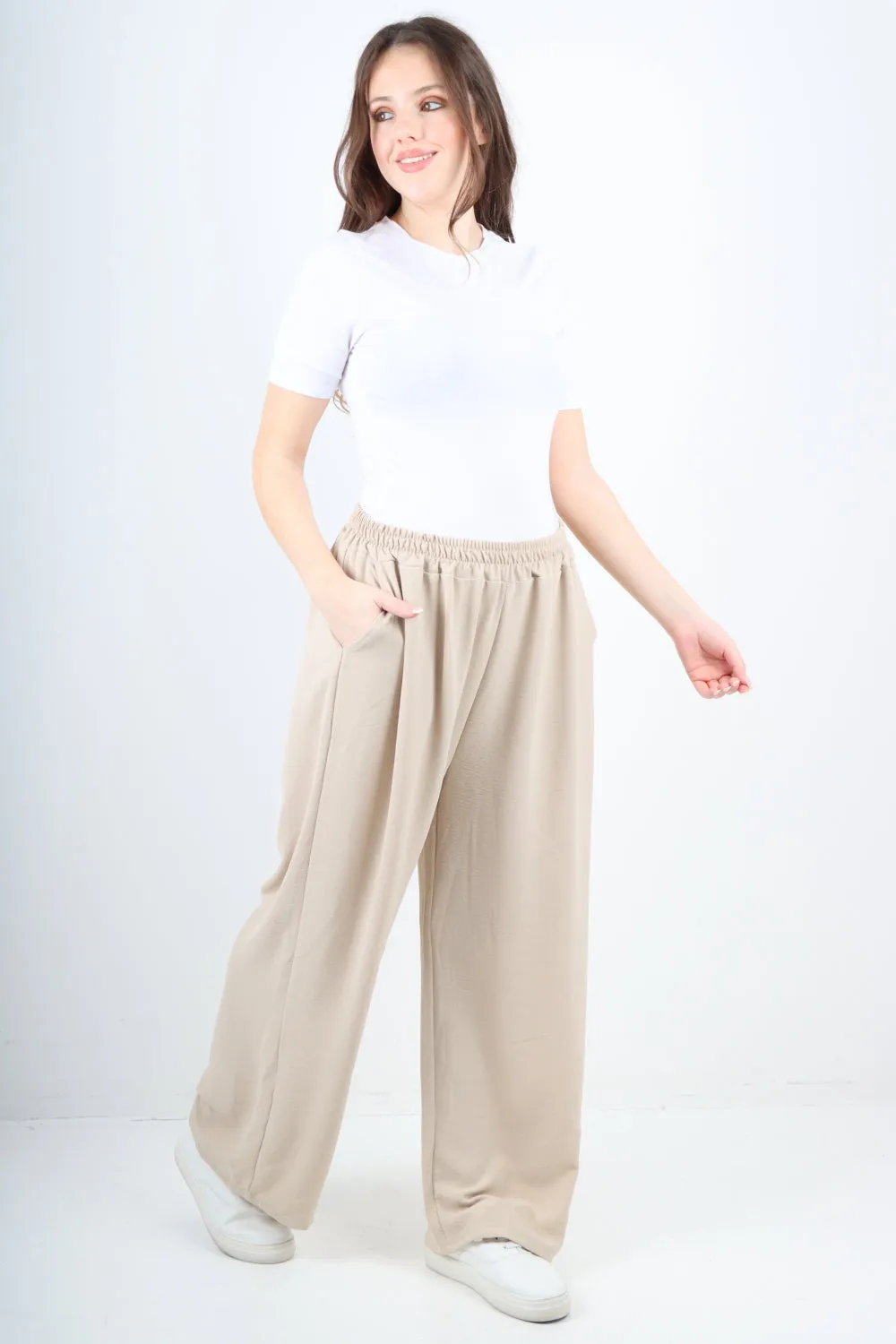 Italian Plain Elasticated Waist Side Pockets Cotton Trousers