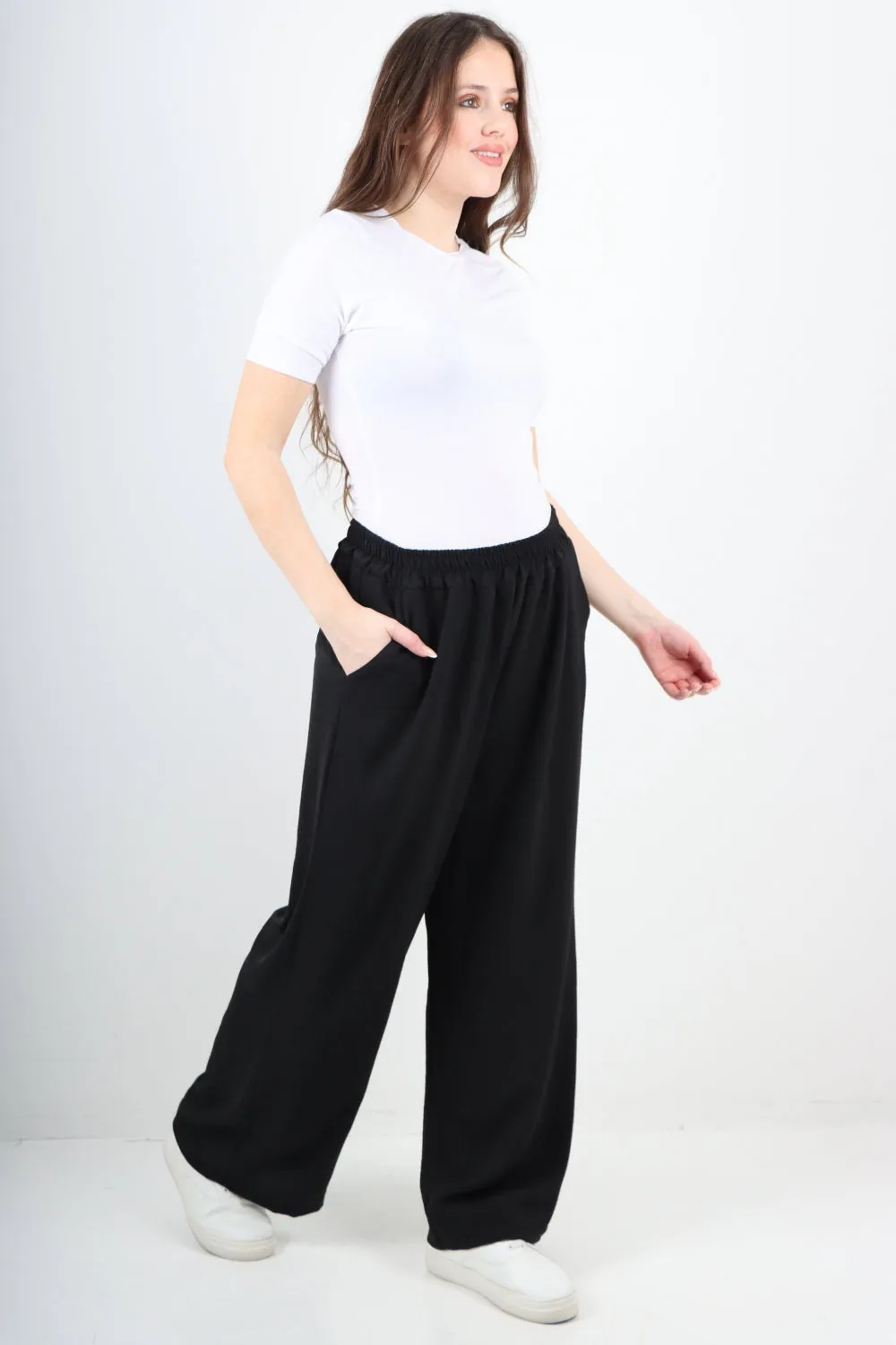 Italian Plain Elasticated Waist Side Pockets Cotton Trousers