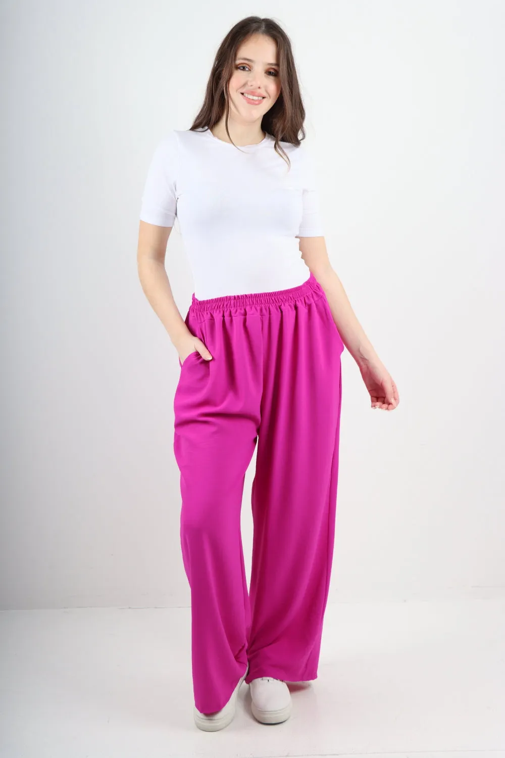 Italian Plain Elasticated Waist Side Pockets Cotton Trousers