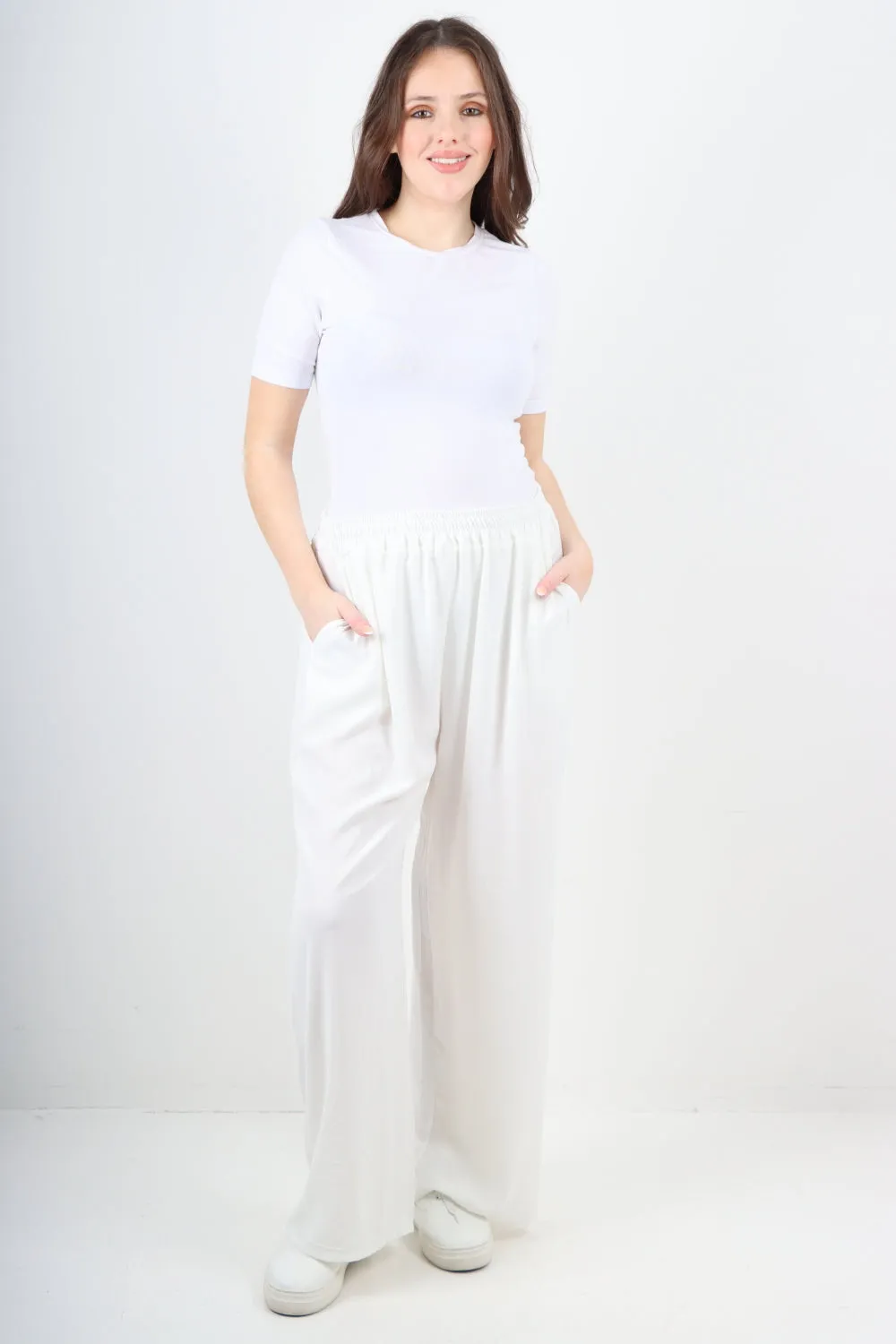 Italian Plain Elasticated Waist Side Pockets Cotton Trousers