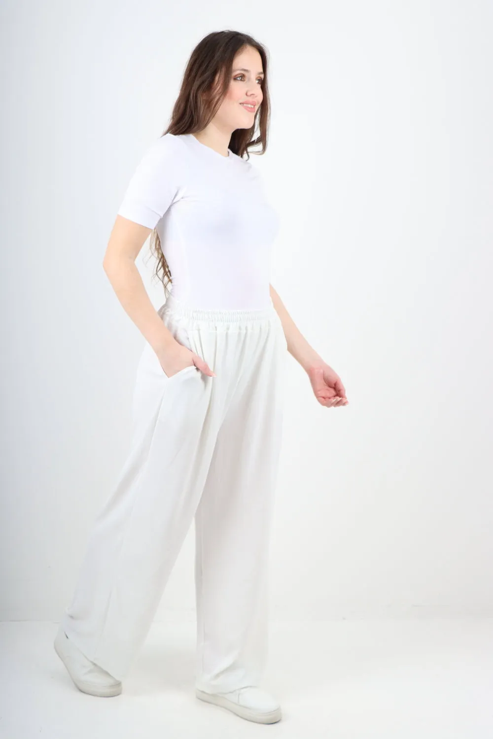Italian Plain Elasticated Waist Side Pockets Cotton Trousers