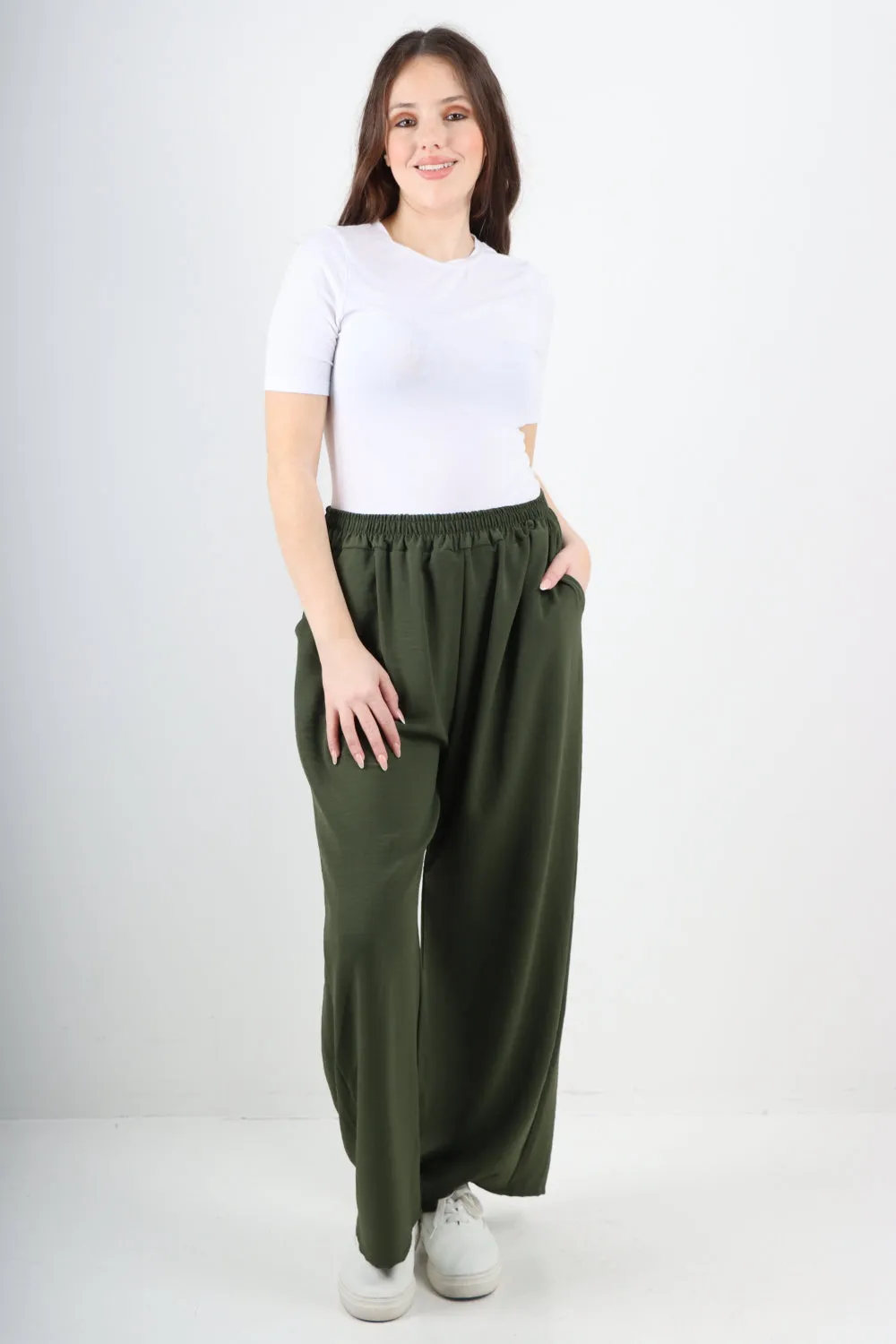 Italian Plain Elasticated Waist Side Pockets Cotton Trousers
