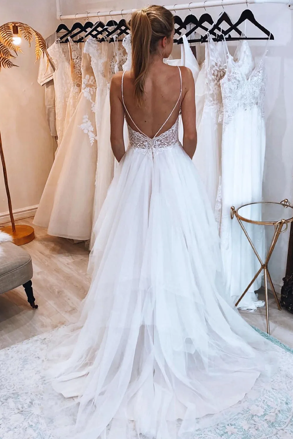 Ivory A-Line Backless Tulle Long Wedding Dress with Appliques
