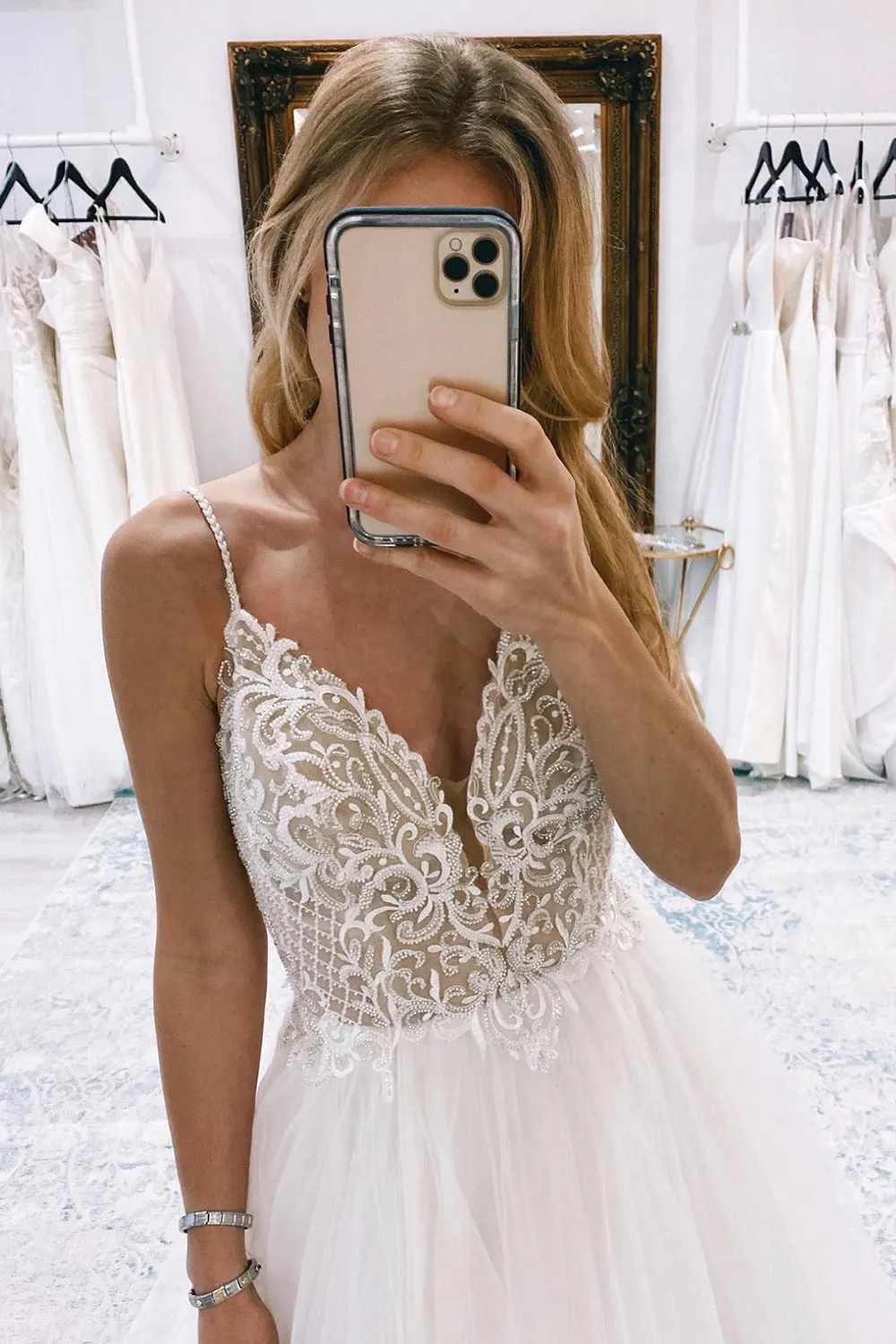 Ivory A-Line Backless Tulle Long Wedding Dress with Appliques