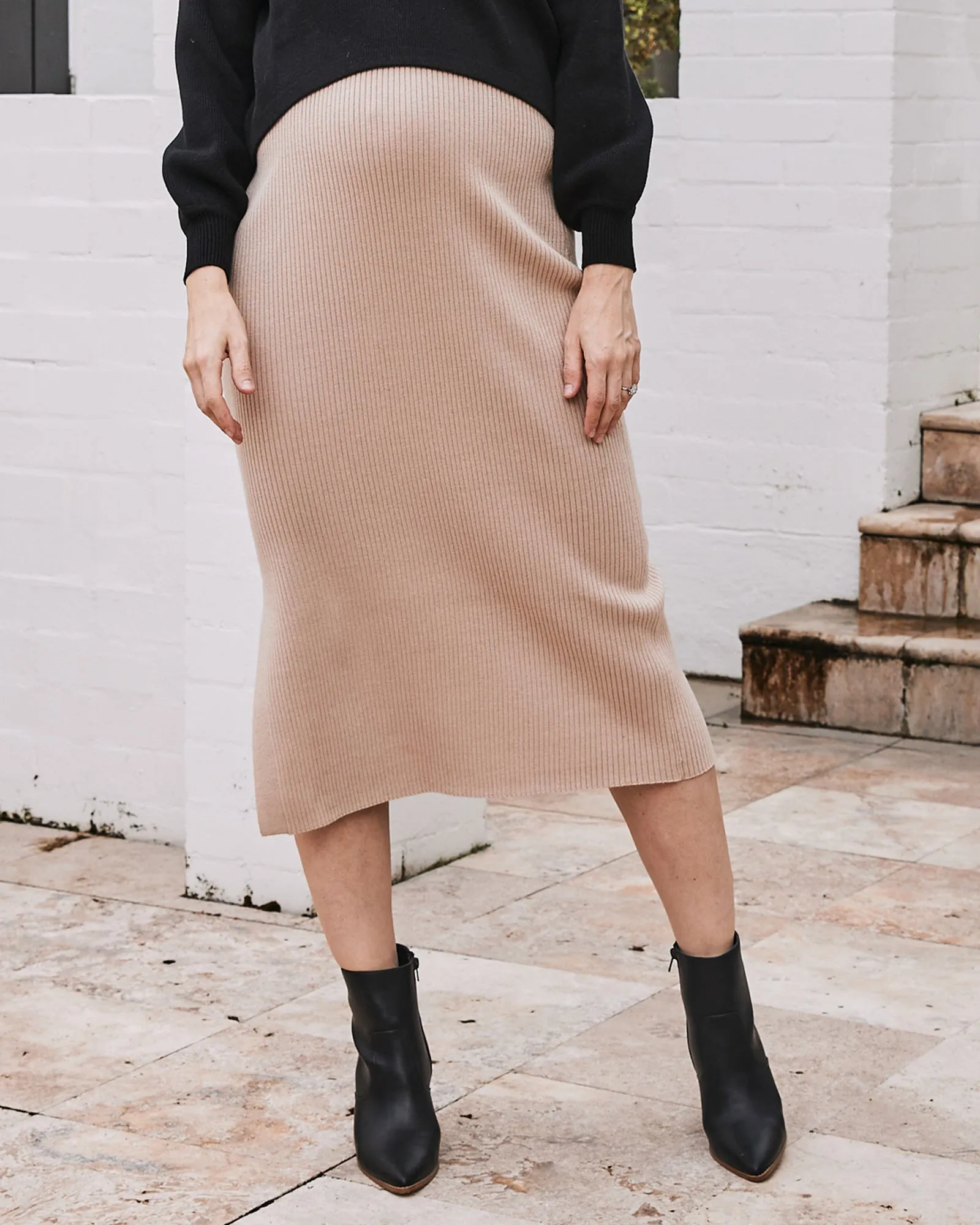 Jade Wool Blend Knit Maternity Side Split Skirt - Beige