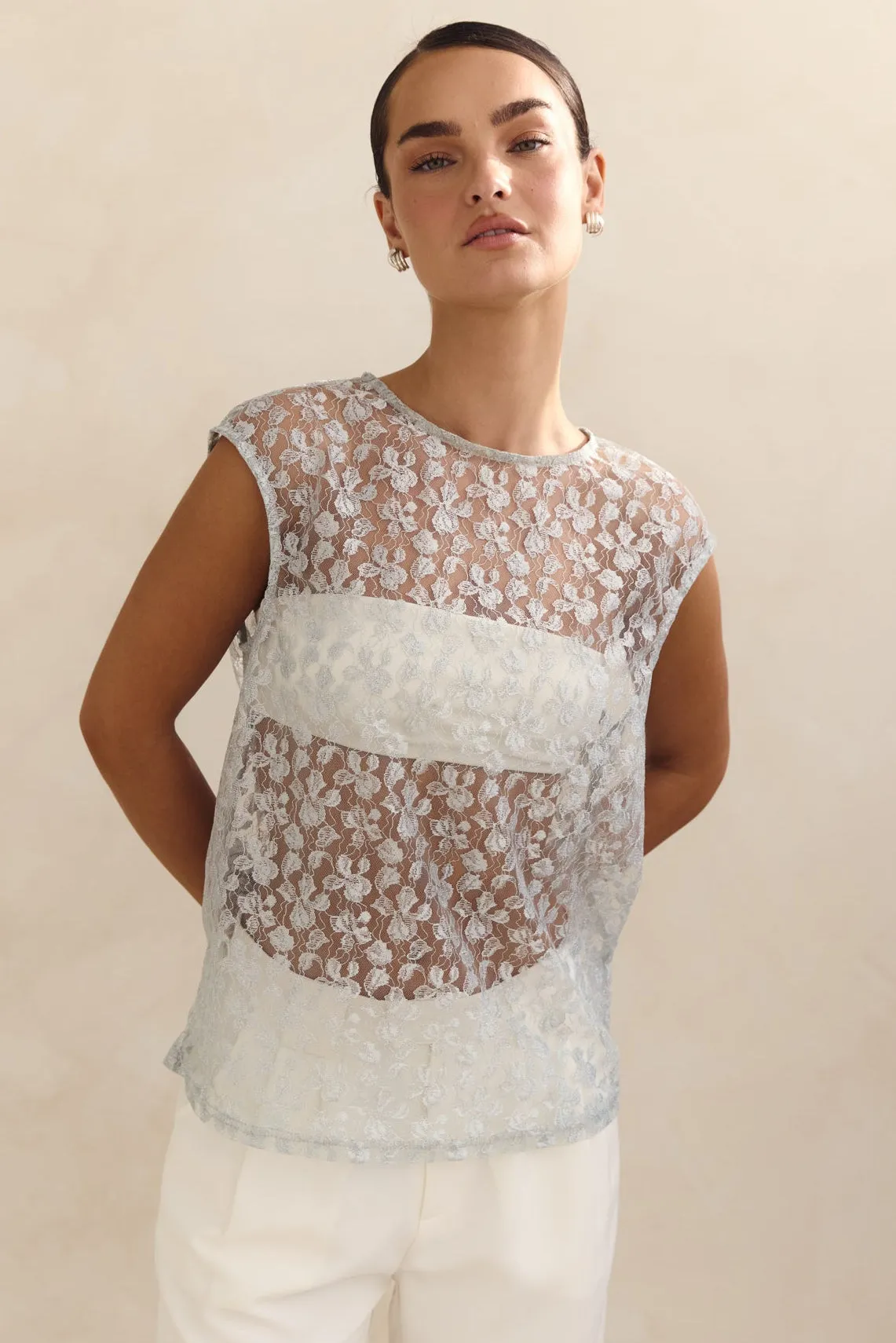 Jaida Lace Top (Blue) Airy Mesh Lining Fashion Blouse