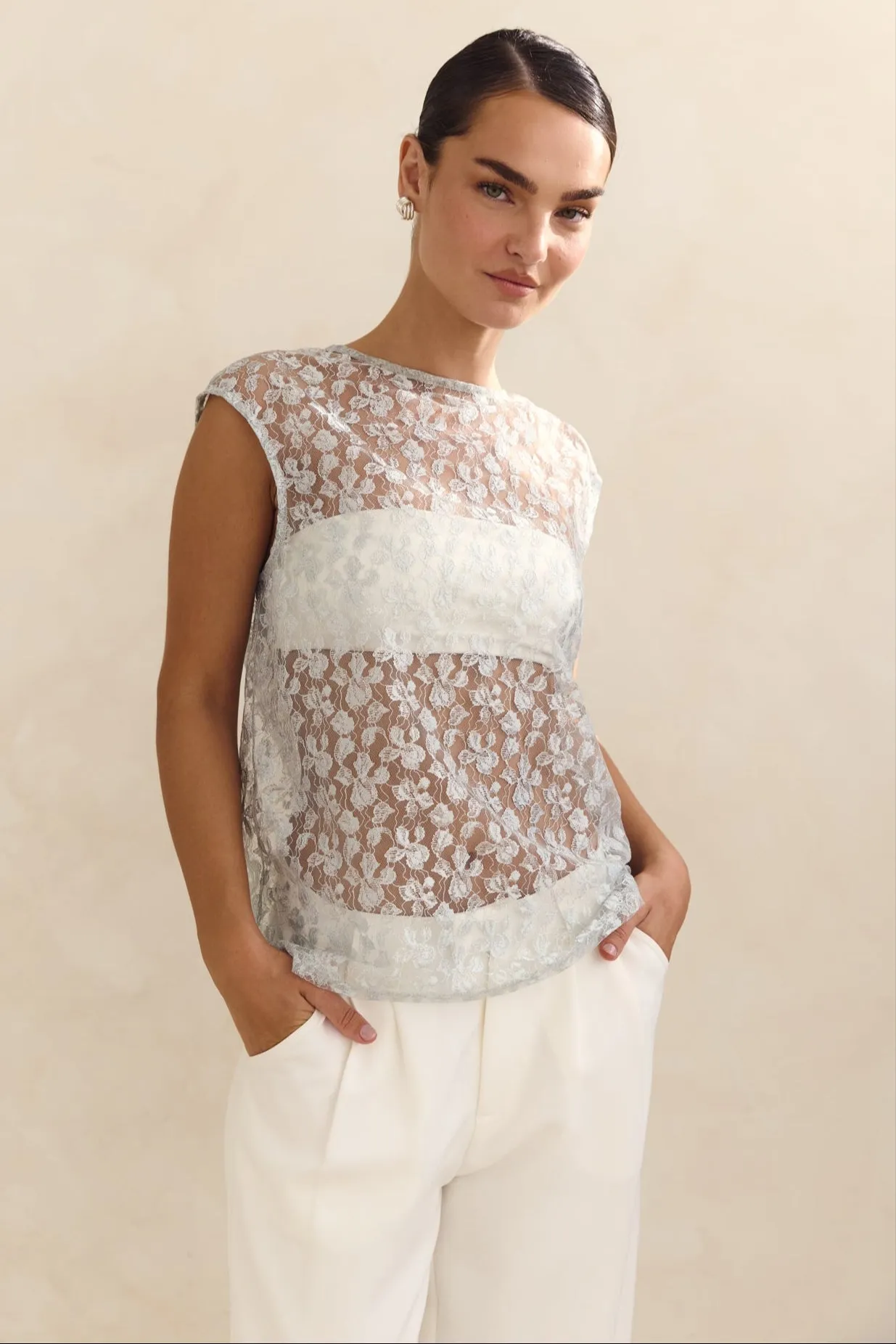 Jaida Lace Top (Blue) Two Tone Weave