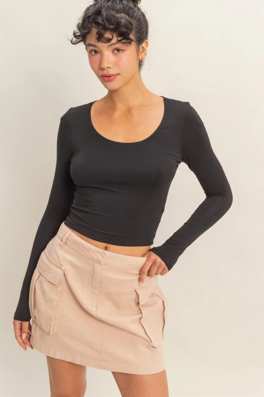 All Day Comfort Jenna Scoop Neck Long Sleeve Crop Top