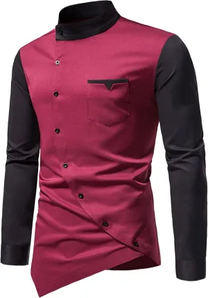 JEShifangjiusu Men's Long Sleeve Dress Shirt Stand Collar Casual Asymmetric Button Down Shirts Fashion Business Golf Shirt