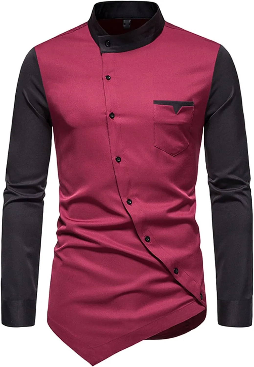 JEShifangjiusu Men's Long Sleeve Dress Shirt Stand Collar Casual Asymmetric Button Down Shirts Fashion Business Golf Shirt