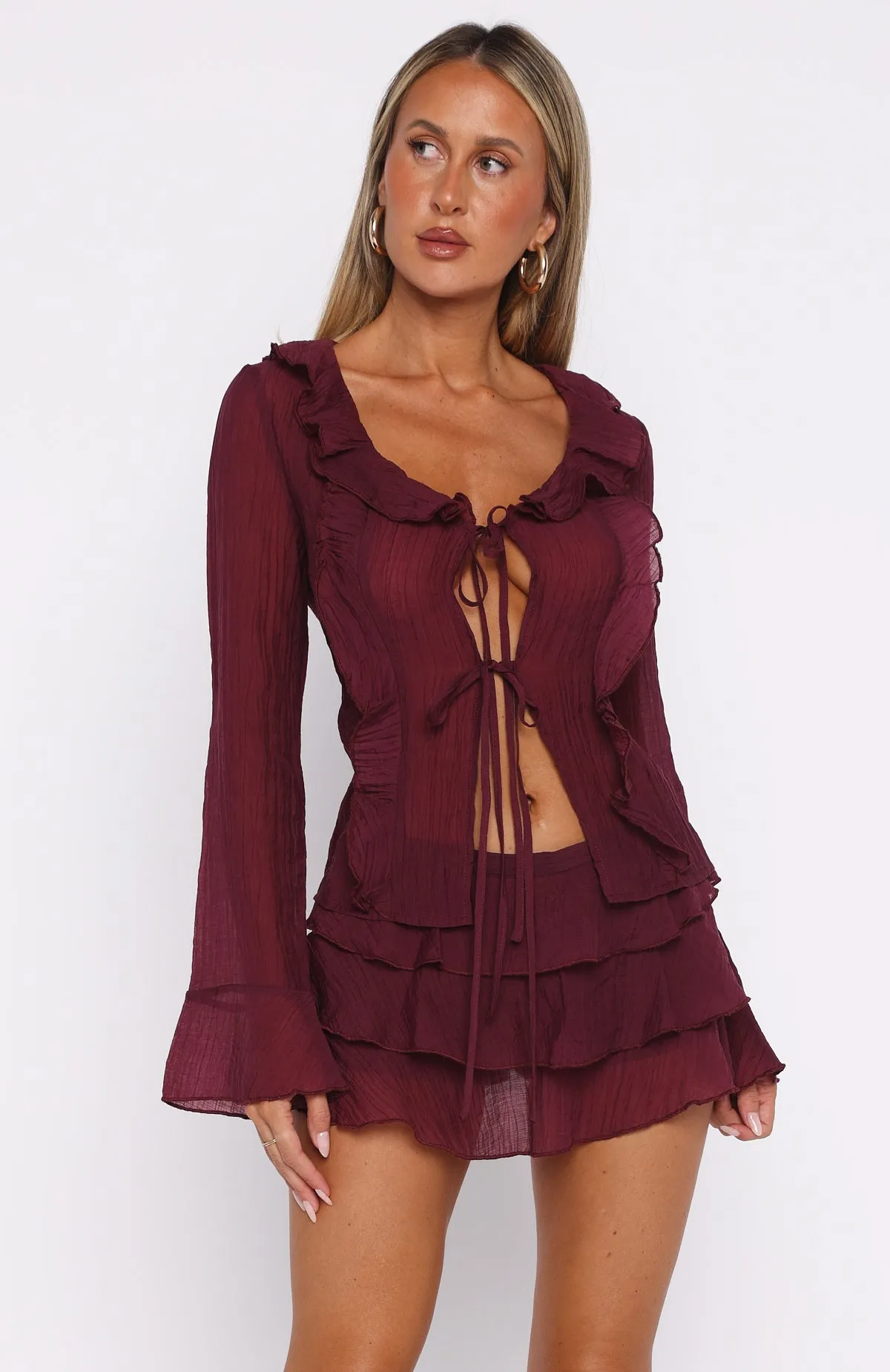 Soft Movement Smooth Layer Your Status Long Sleeve Blouse Burgundy