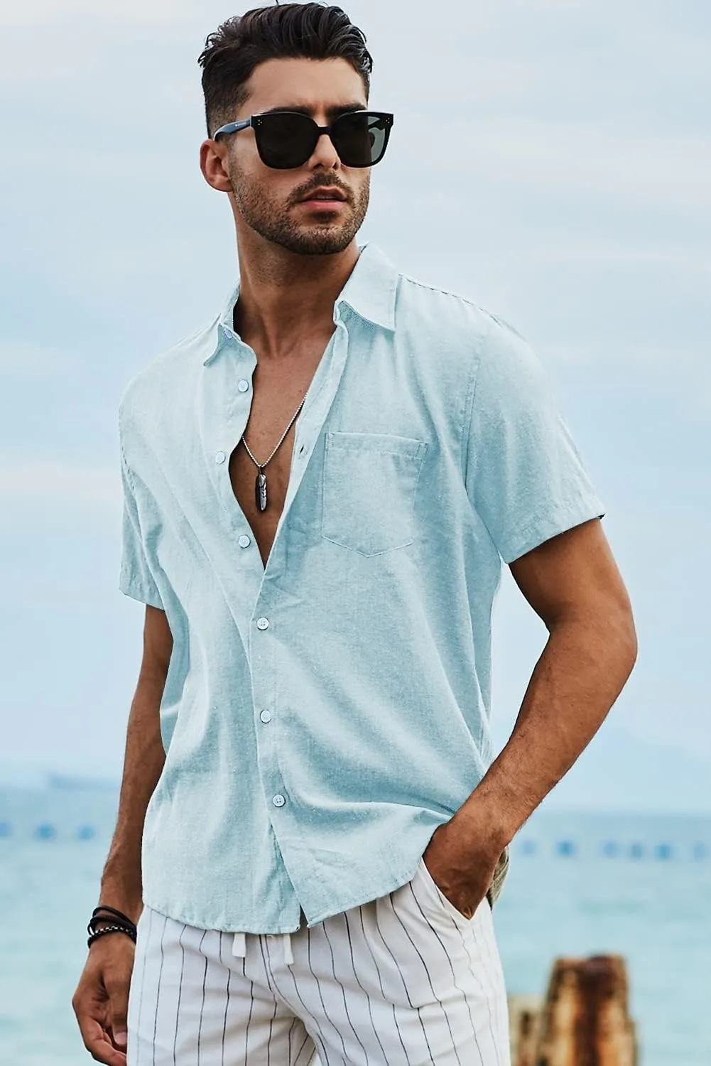 JMIERR Men's Casual Stylish Short Sleeve Button-Up Striped Dress Shirts Cotton Beach Shirt