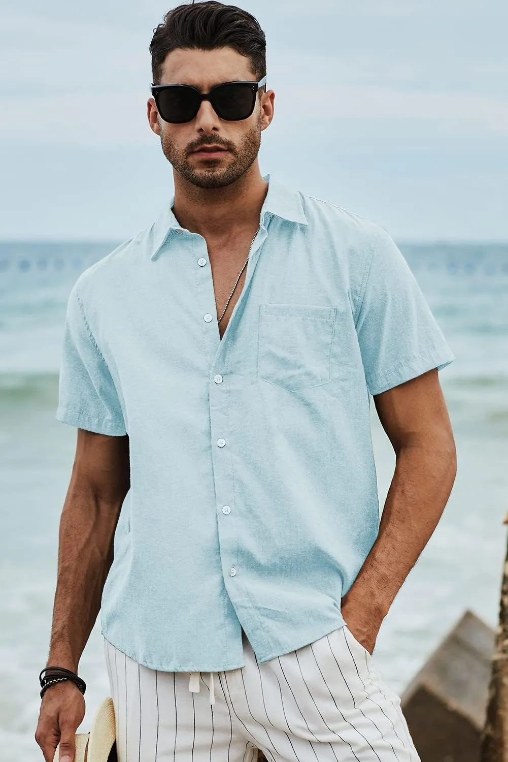 JMIERR Men's Casual Stylish Short Sleeve Button-Up Striped Dress Shirts Cotton Beach Shirt