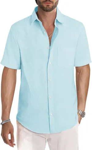 JMIERR Men's Casual Stylish Short Sleeve Button-Up Striped Dress Shirts Cotton Beach Shirt