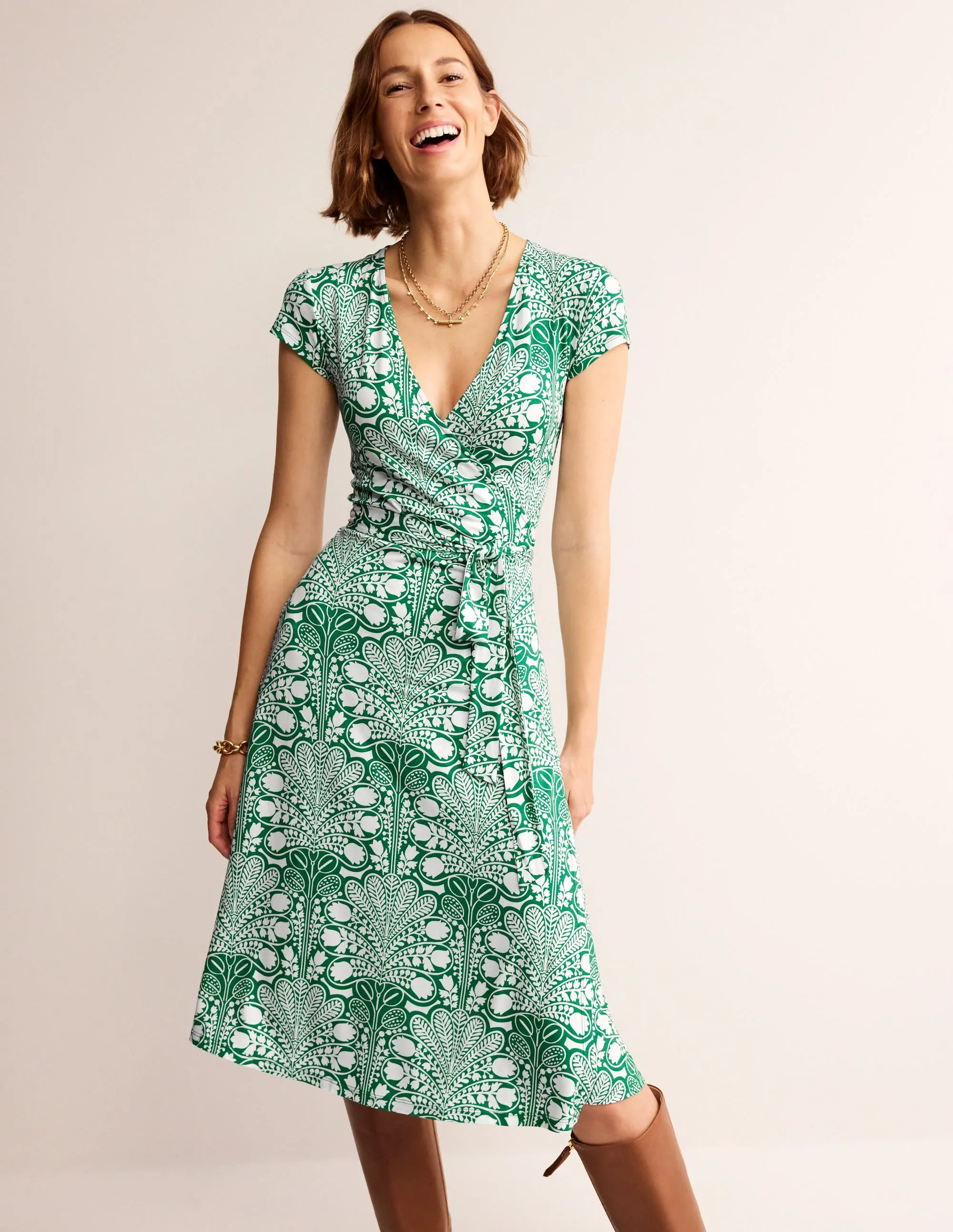 Joanna Cap Sleeve Wrap Dress-Green, Gardenia Swirl