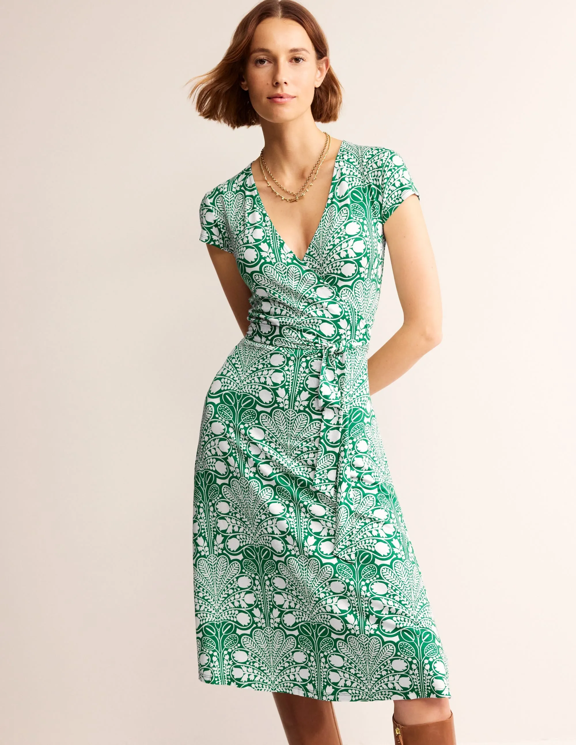 Joanna Cap Sleeve Wrap Dress-Green, Gardenia Swirl