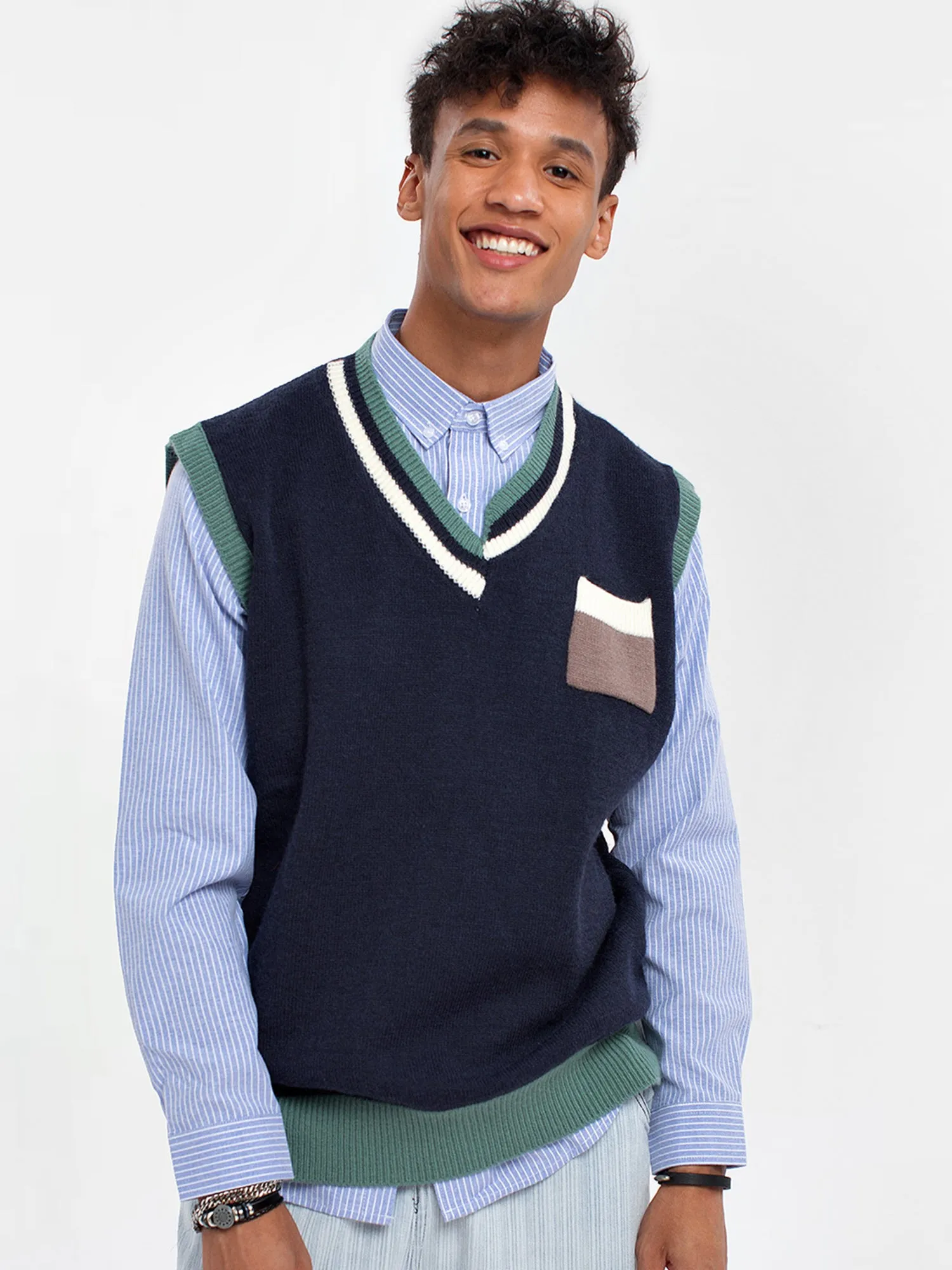 JUSTNOTAG Print DarkBlue V-neck Sleeveless Sweaters