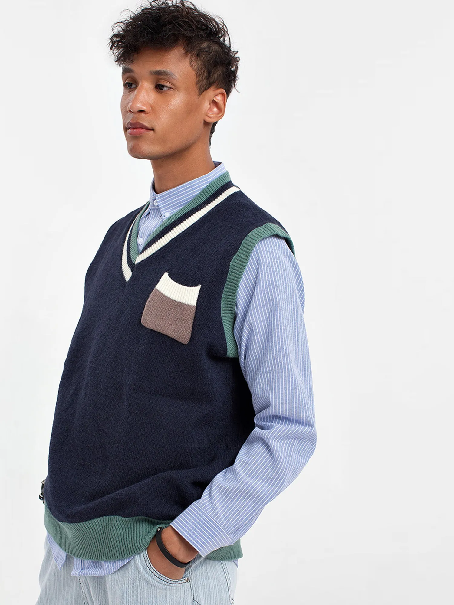 JUSTNOTAG Print DarkBlue V-neck Sleeveless Sweaters