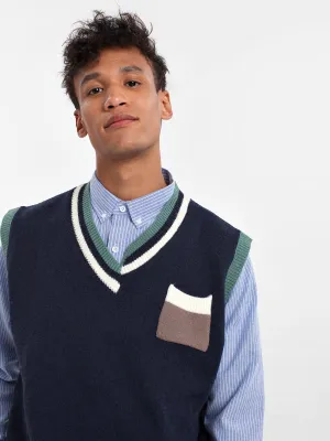 JUSTNOTAG Print DarkBlue V-neck Sleeveless Sweaters