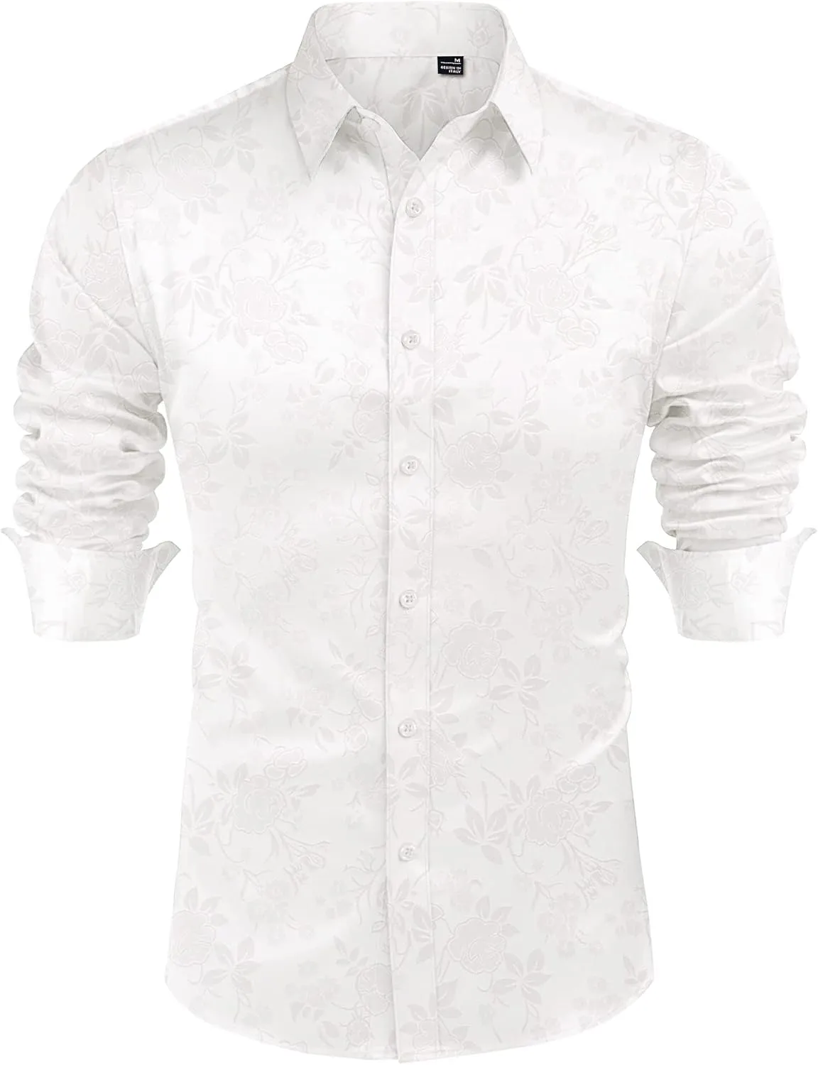 J.VER Men's Silk Satin Long Sleeve Dress Shirts Floral Casual Button Down Shirt Luxury Party Prom Shirts