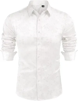 J.VER Men's Silk Satin Long Sleeve Dress Shirts Floral Casual Button Down Shirt Luxury Party Prom Shirts
