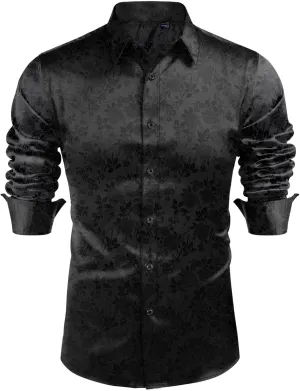 J.VER Men's Silk Satin Long Sleeve Dress Shirts Floral Casual Button Down Shirt Luxury Party Prom Shirts