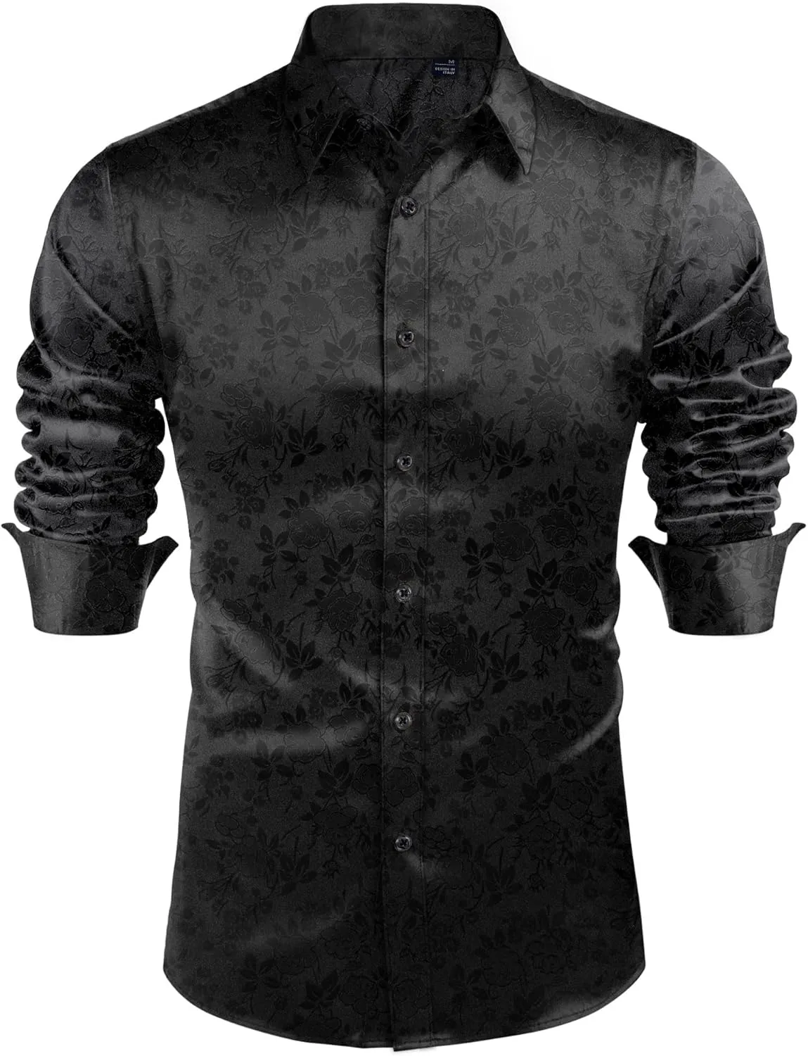 J.VER Men's Silk Satin Long Sleeve Dress Shirts Floral Casual Button Down Shirt Luxury Party Prom Shirts