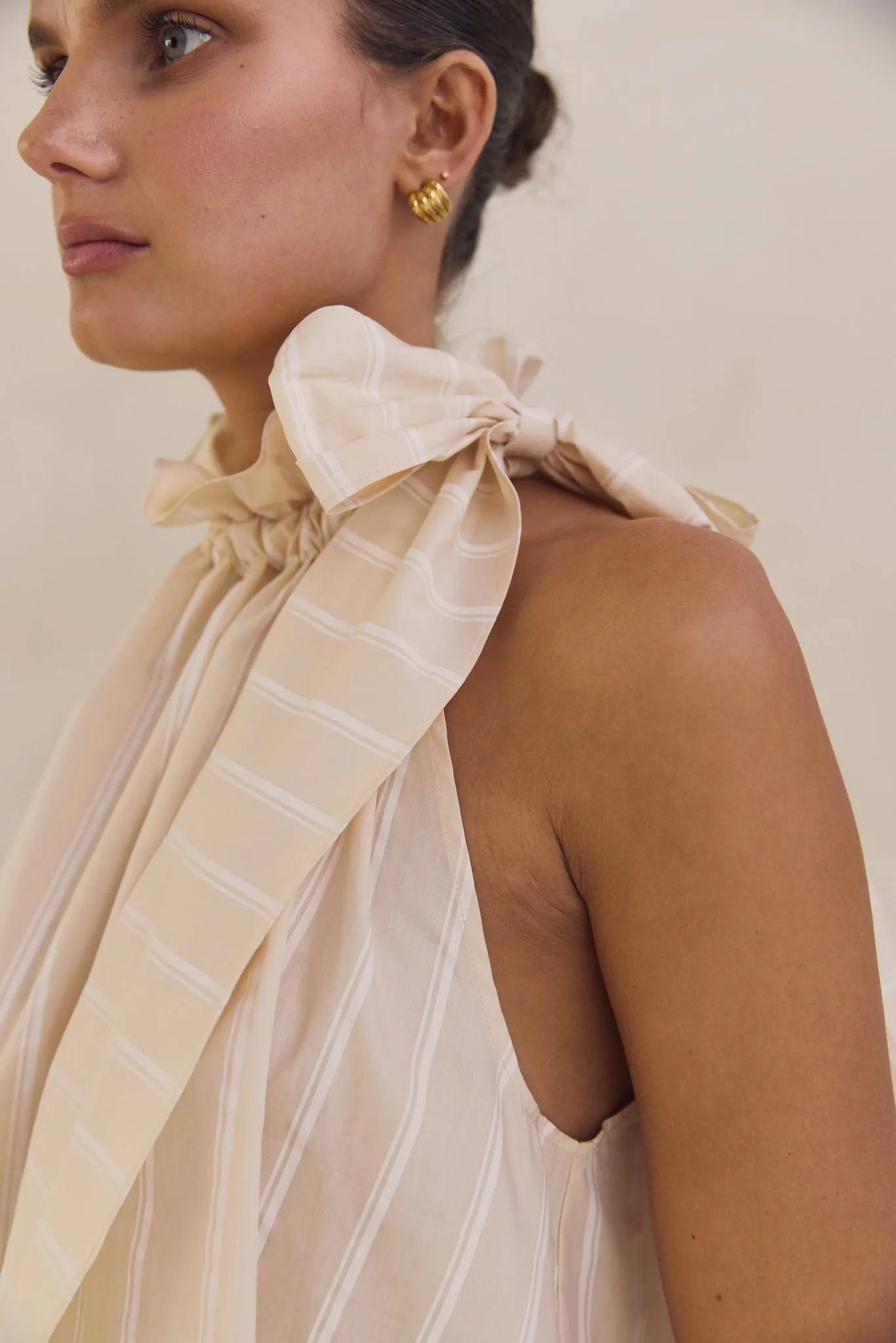 Katarina Top (Beige) Tagless Neckline High Collar Option