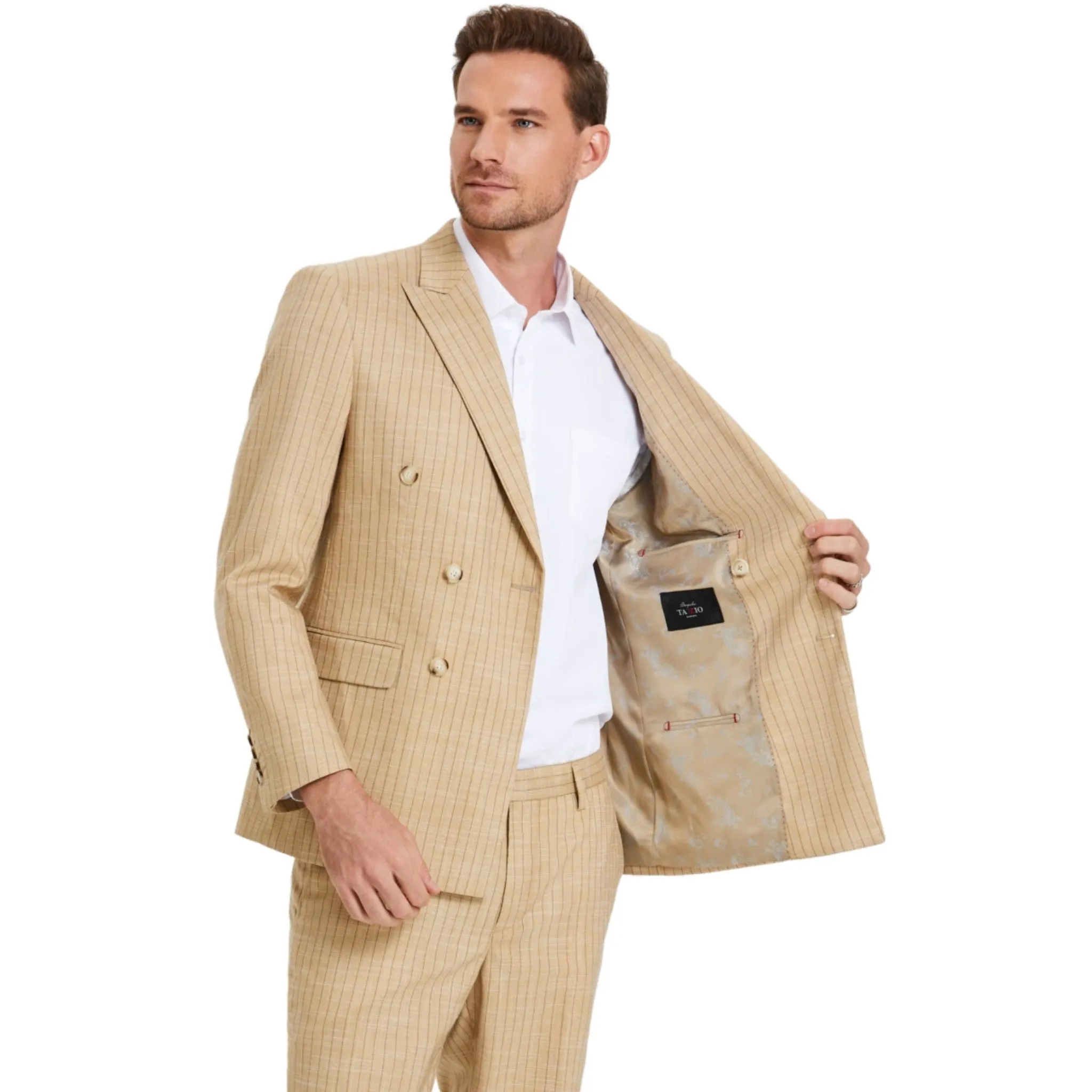 KCT Menswear Tan Glen Plaid Double-Breasted Suit - Summer Sophistication