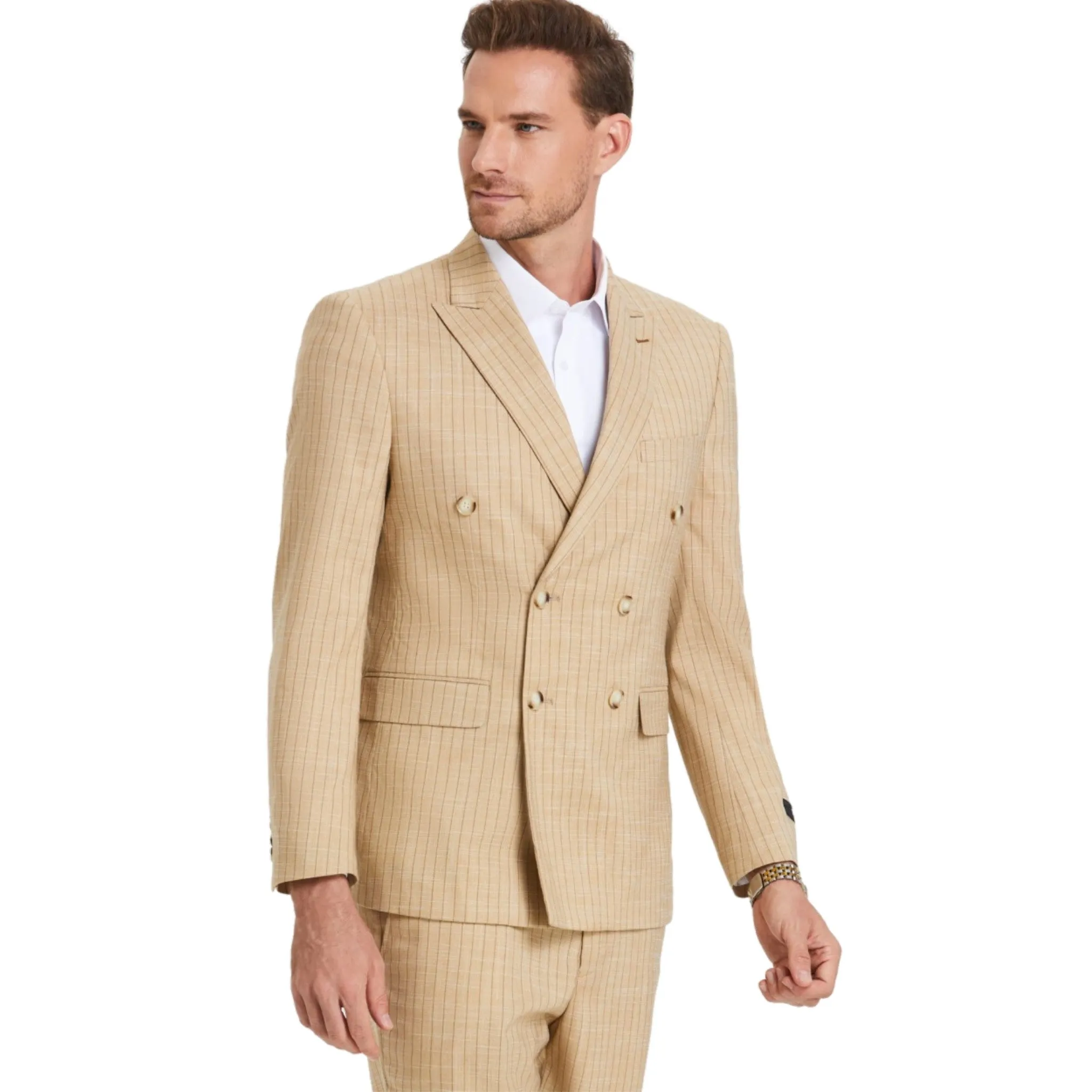 KCT Menswear Tan Glen Plaid Double-Breasted Suit - Summer Sophistication
