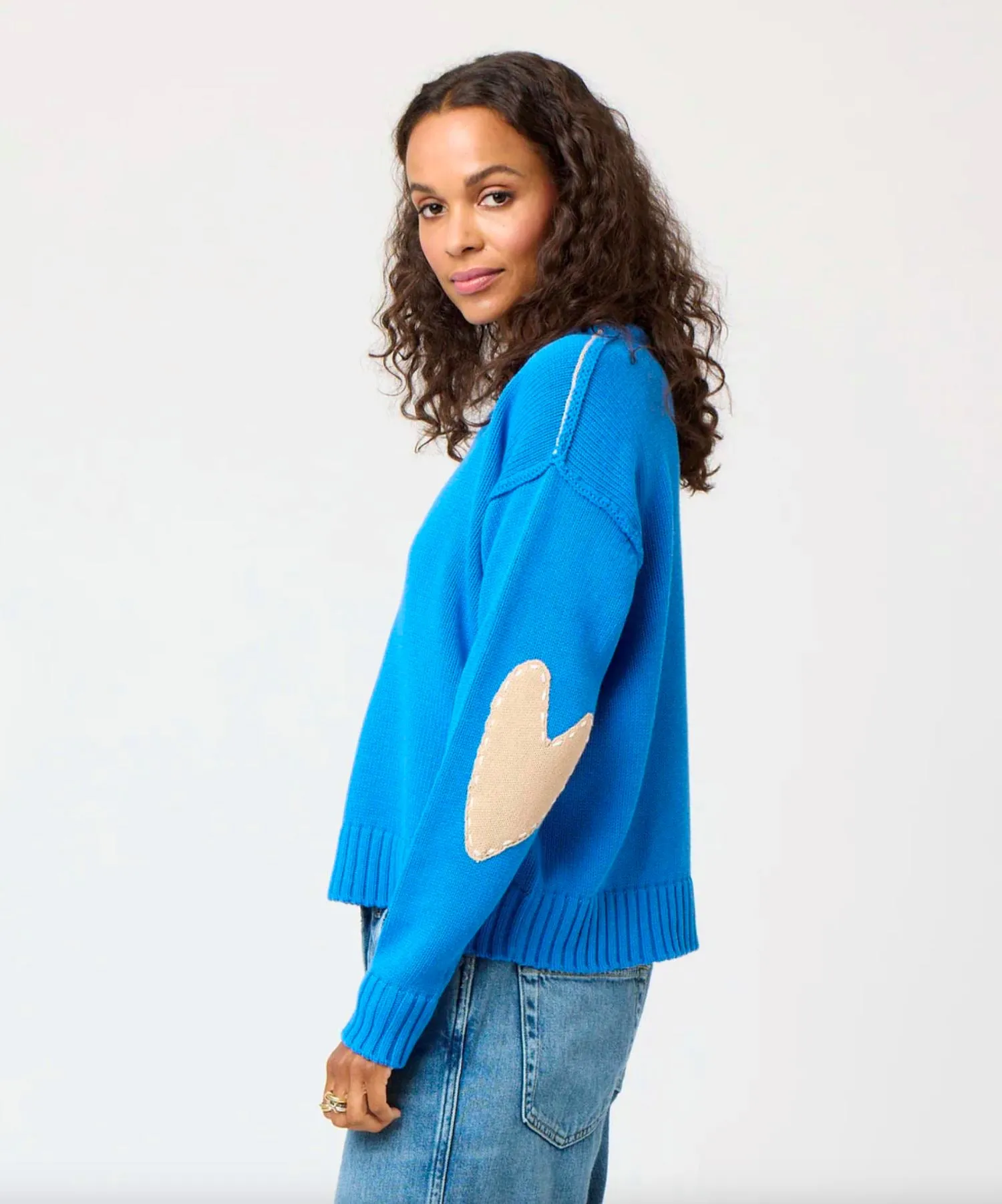 Kerri Rosenthal Frenchy Cotton V Neck Sweater- Mid Blue