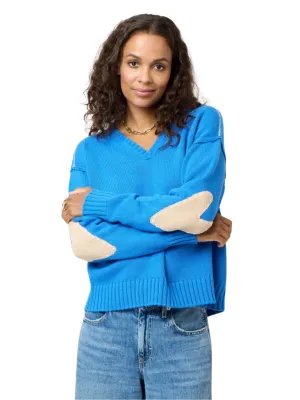 Kerri Rosenthal Frenchy Cotton V Neck Sweater- Mid Blue