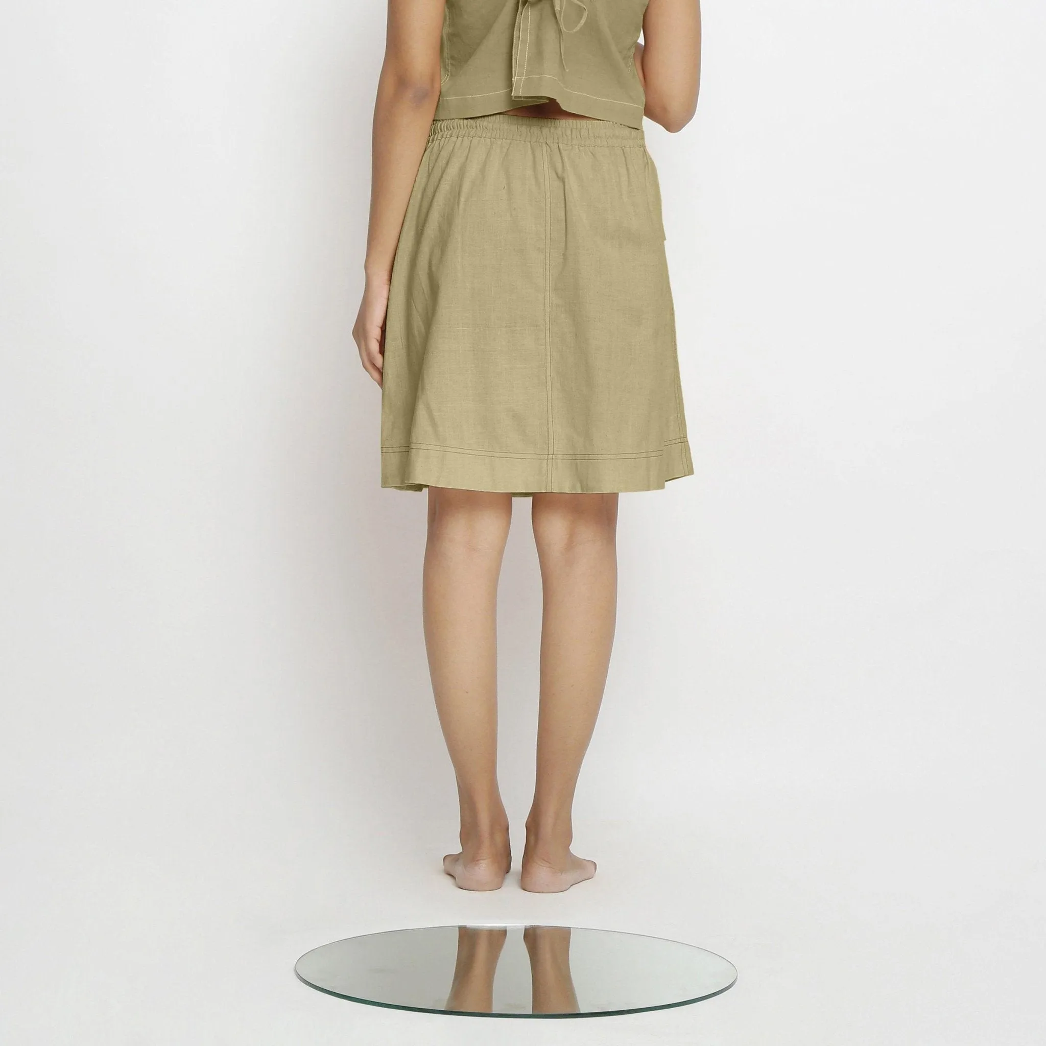 Khakhi Green 100% Cotton Elasticated Mid-Rise Short Skirt