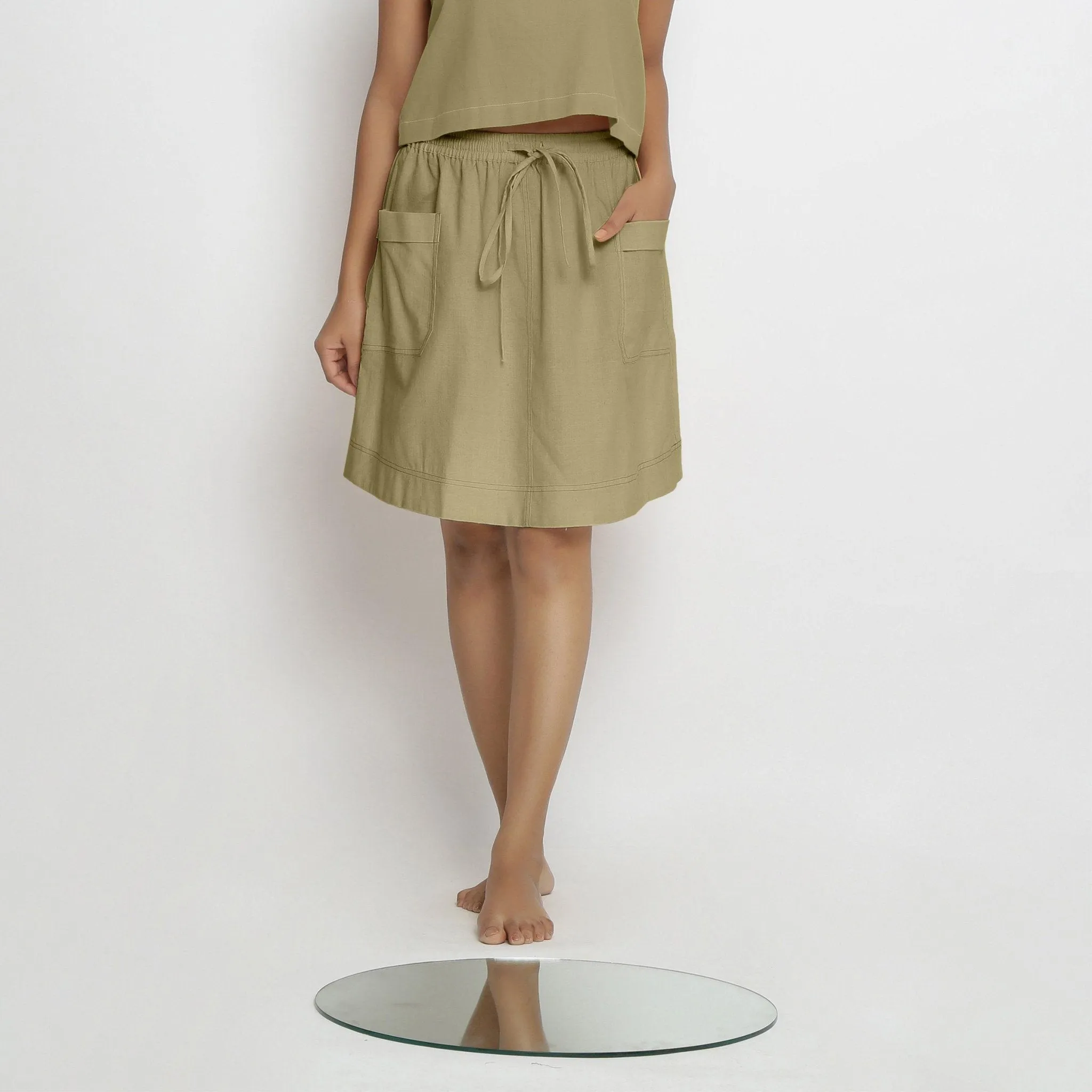 Khakhi Green 100% Cotton Elasticated Mid-Rise Short Skirt