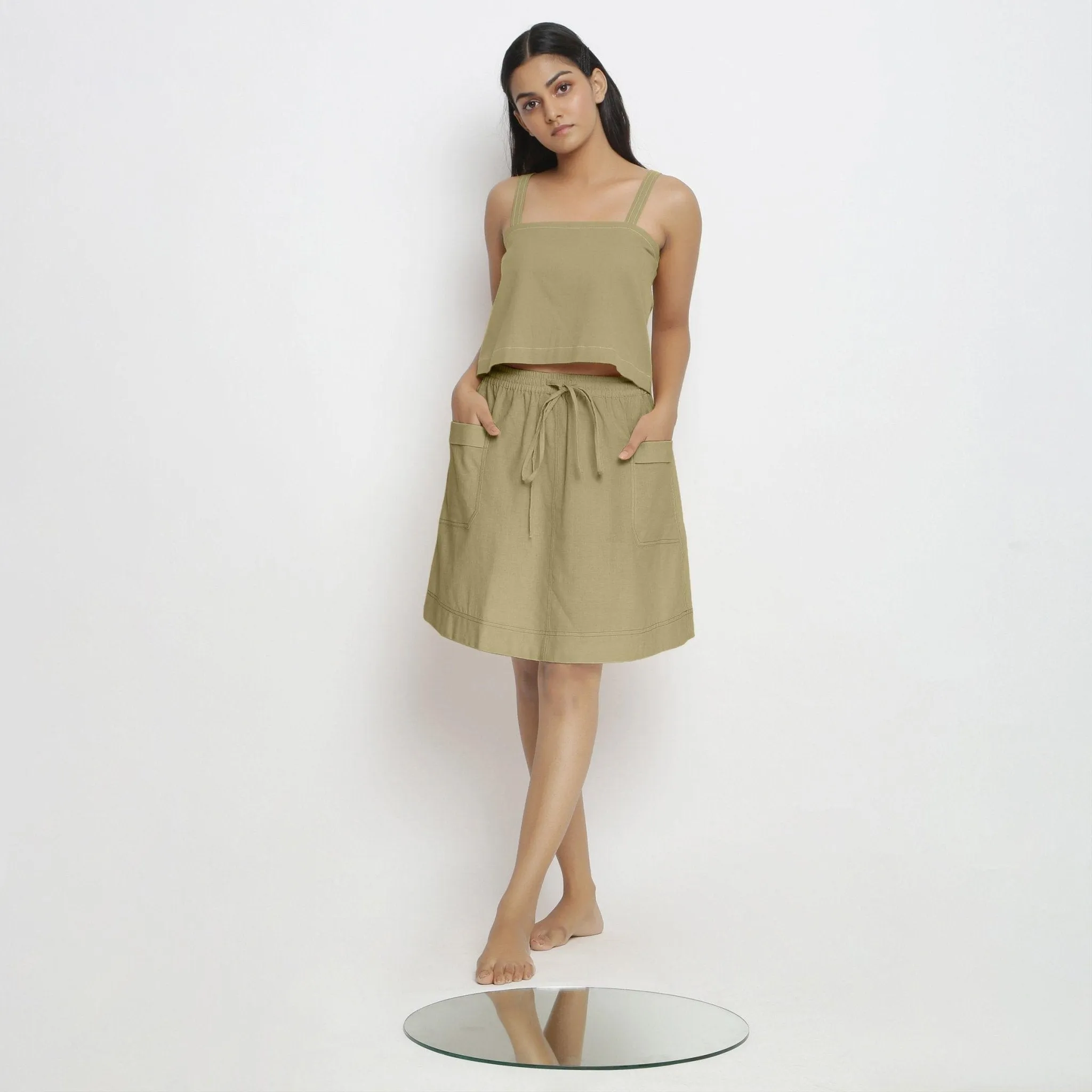 Khakhi Green 100% Cotton Elasticated Mid-Rise Short Skirt