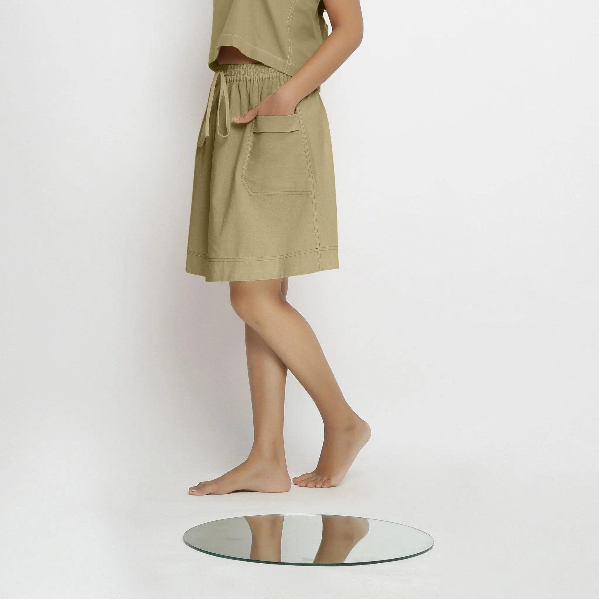 Khakhi Green 100% Cotton Elasticated Mid-Rise Short Skirt