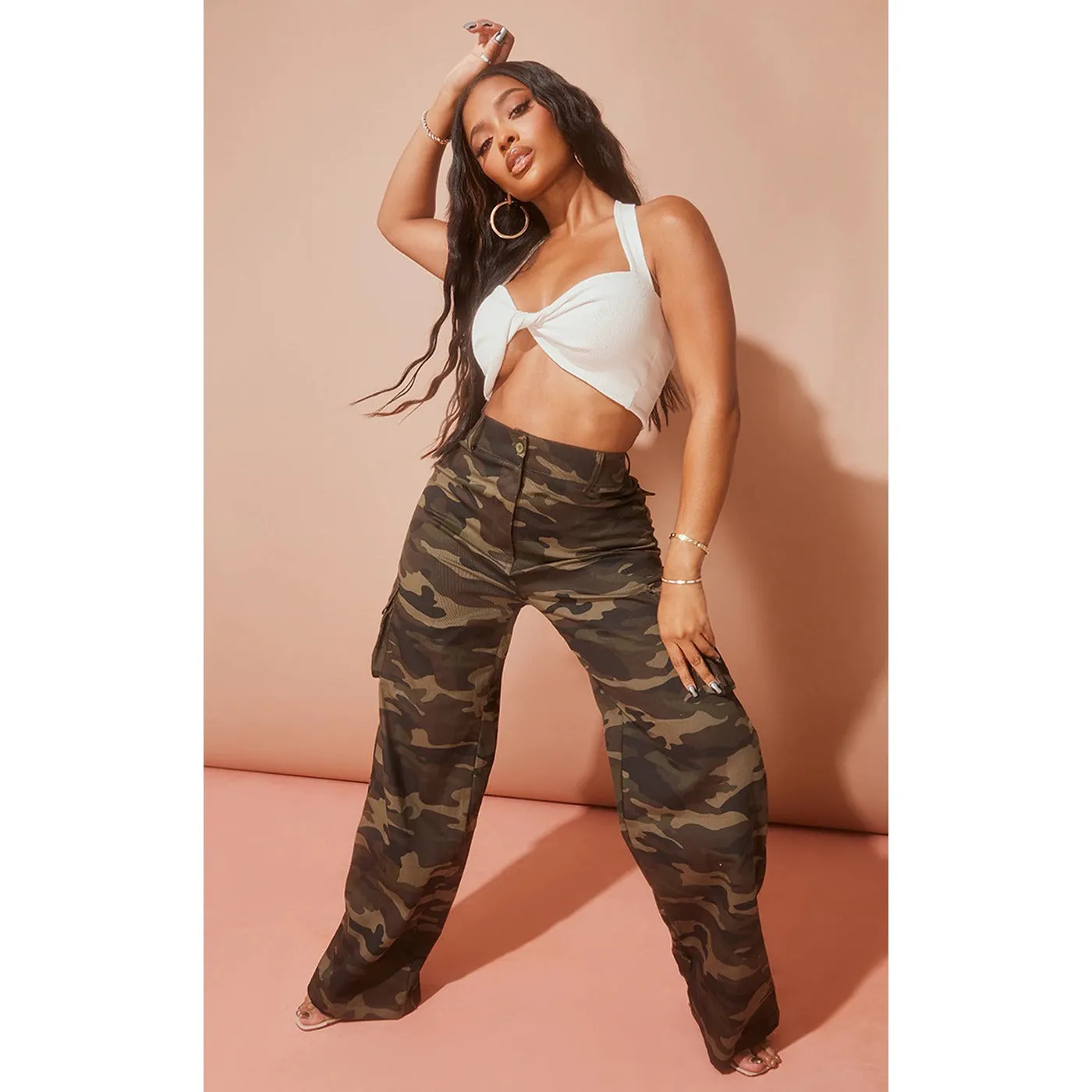 Khaki Camo Wide Leg Cargo Trousers