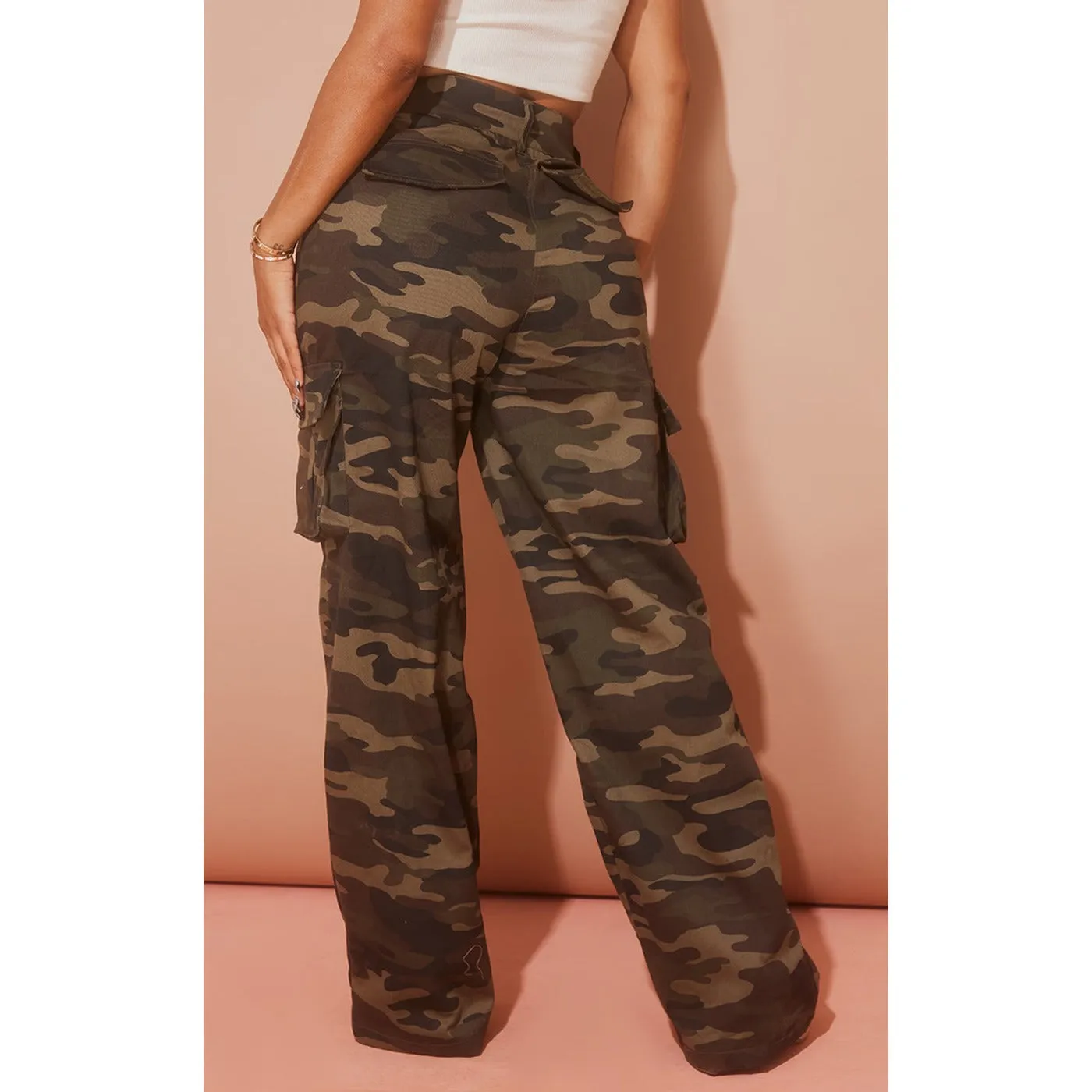 Khaki Camo Wide Leg Cargo Trousers