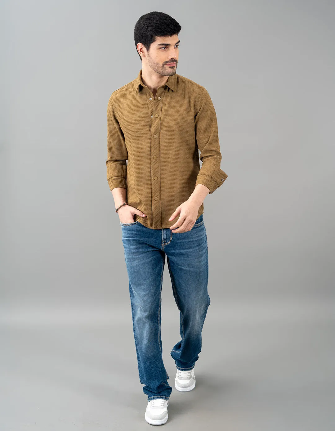 Khaki Full Sleeve Textured Waffle Shirt
