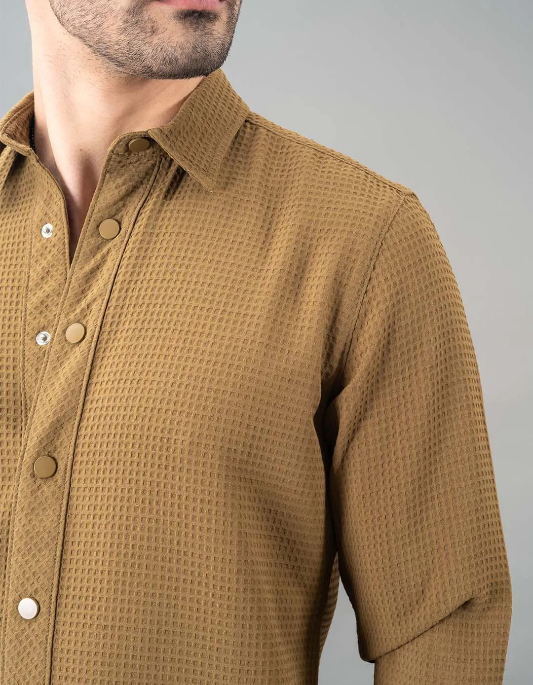Khaki Full Sleeve Textured Waffle Shirt