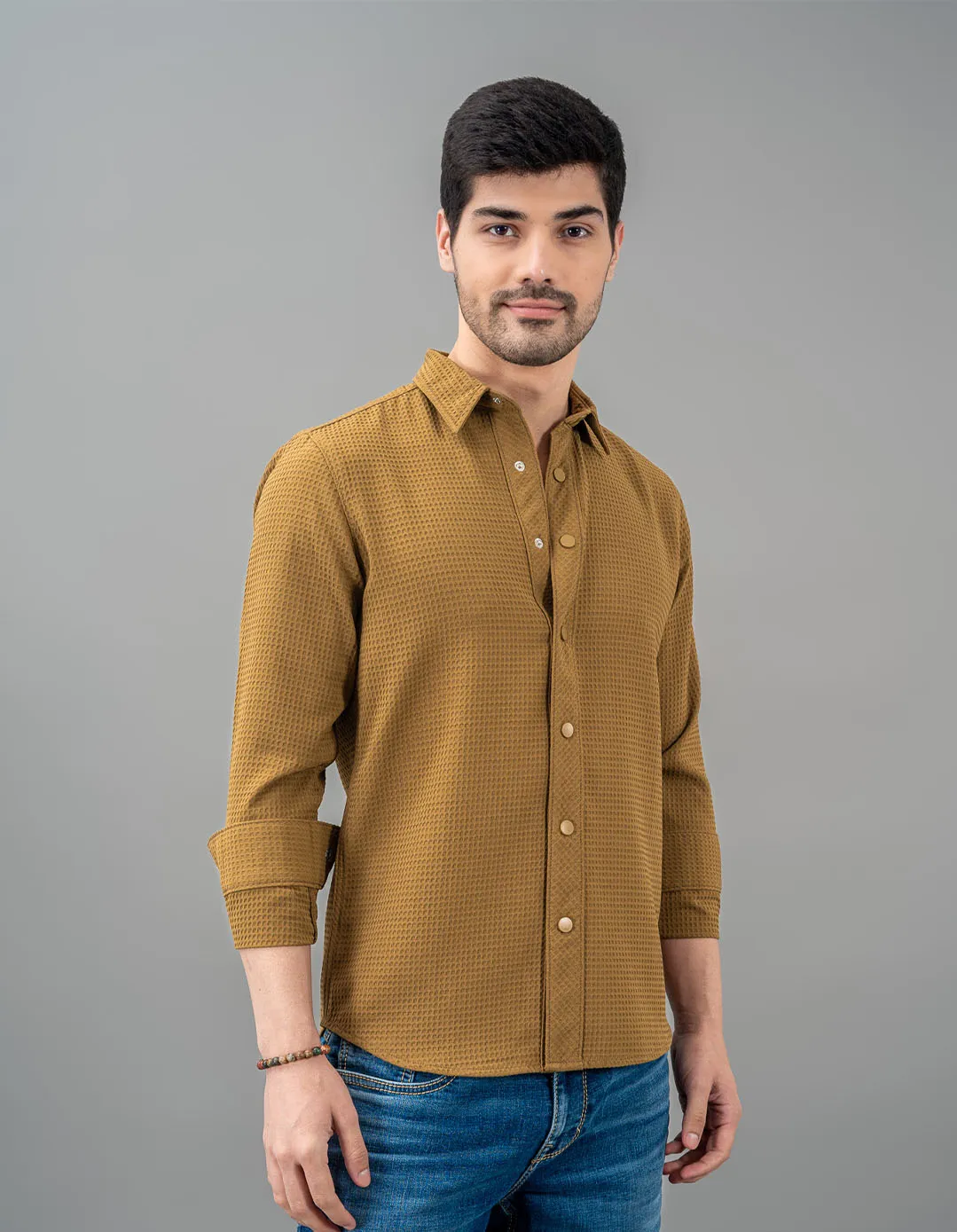 Khaki Full Sleeve Textured Waffle Shirt