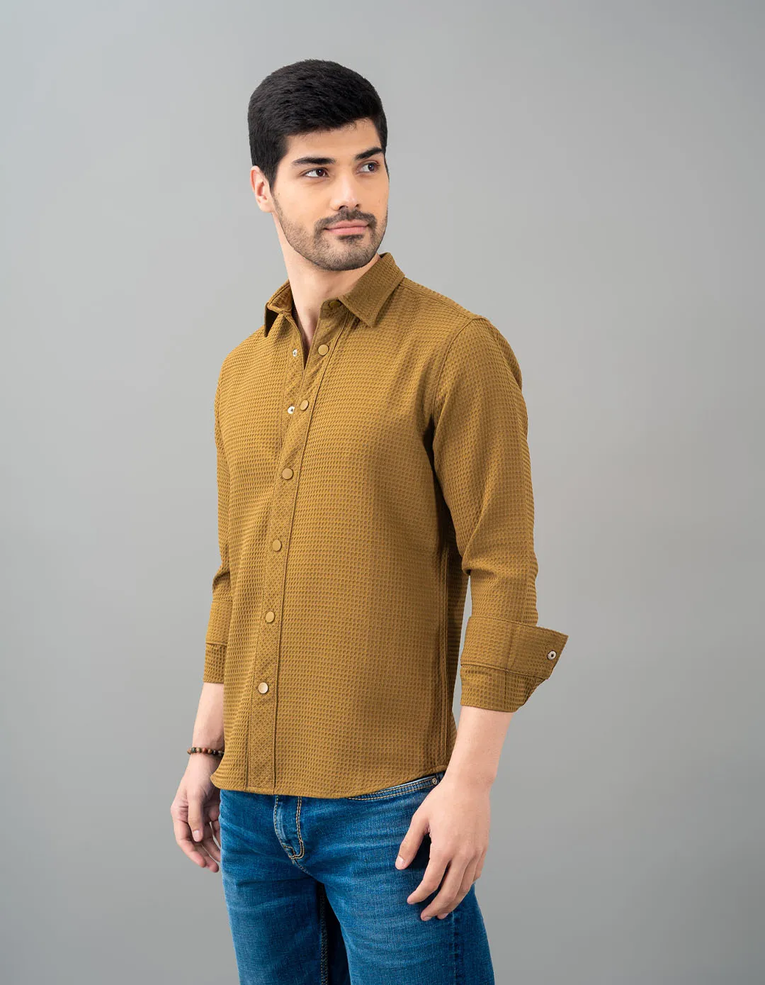 Khaki Full Sleeve Textured Waffle Shirt