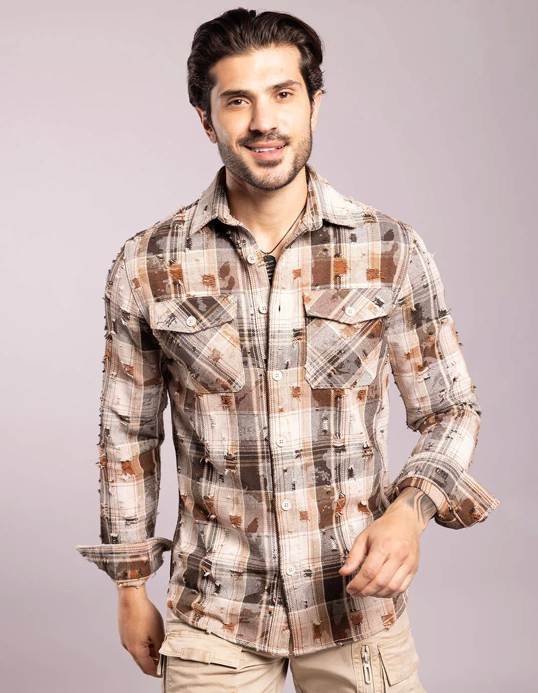 Khaki Full Sleeves Check Shirt