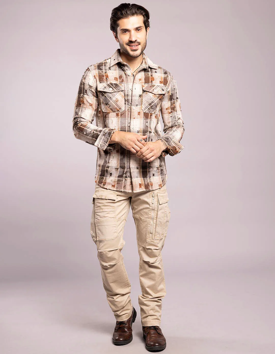 Khaki Full Sleeves Check Shirt