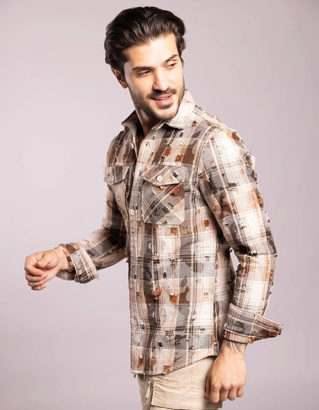 Khaki Full Sleeves Check Shirt