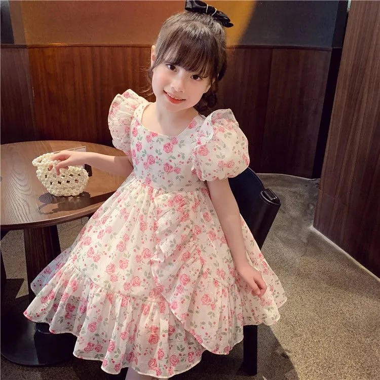 Kids Girls New Fashion Summer Vintage Cute Elegant Floral Loose Casual Dress - KGD8307