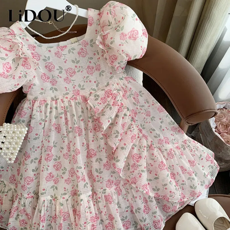 Kids Girls New Fashion Summer Vintage Cute Elegant Floral Loose Casual Dress - KGD8307