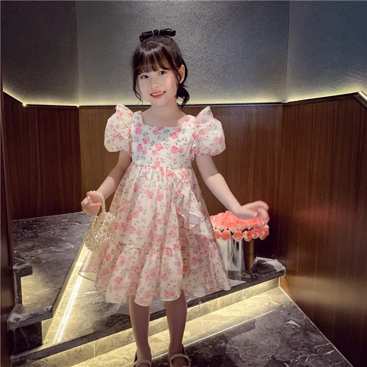 Kids Girls New Fashion Summer Vintage Cute Elegant Floral Loose Casual Dress - KGD8307
