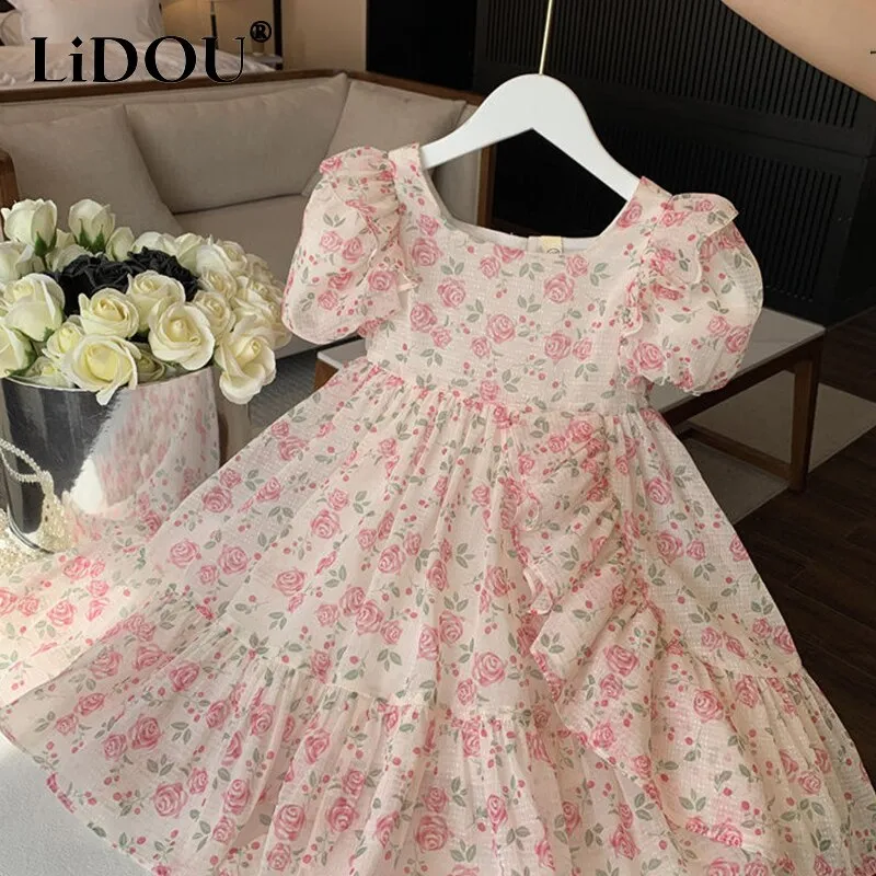 Kids Girls New Fashion Summer Vintage Cute Elegant Floral Loose Casual Dress - KGD8307