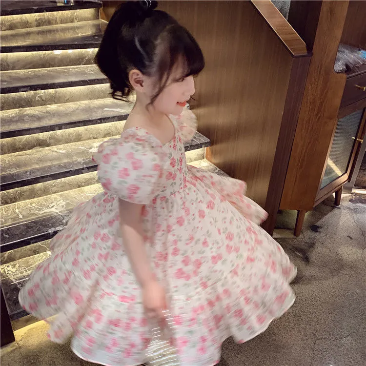 Kids Girls New Fashion Summer Vintage Cute Elegant Floral Loose Casual Dress - KGD8307